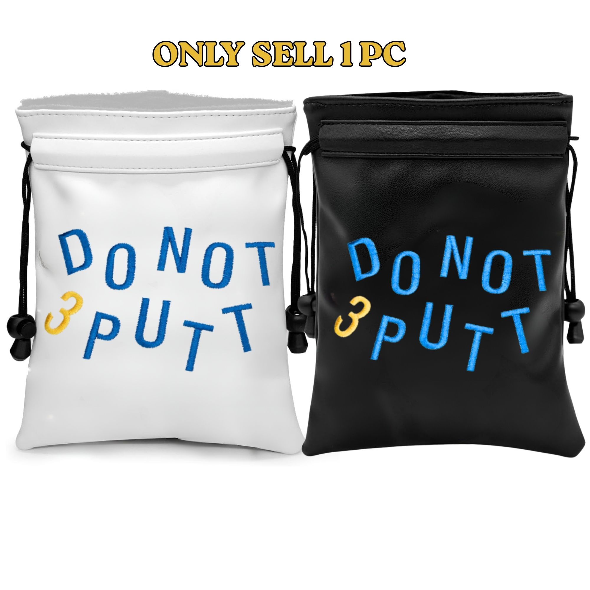 Golf Equipment Drawing - ゴルフボール＆貴重品収納バッグ ブラックの巾着ポーチ 大胆な青/黄色の「DON'T PUTT」デザイン 耐久性のあるポータブルオーガナイザー